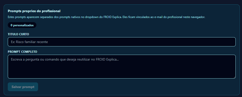Pantalla de configuración de prompts propios del profesional: campo de título corto, campo de prompt completo y botón de guardar.