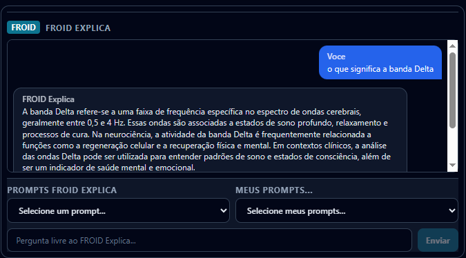 Interfaz de FROID Explica: una pregunta del profesional y la respuesta fundamentada del asistente, con los selectores de prompts preconfigurados y propios.