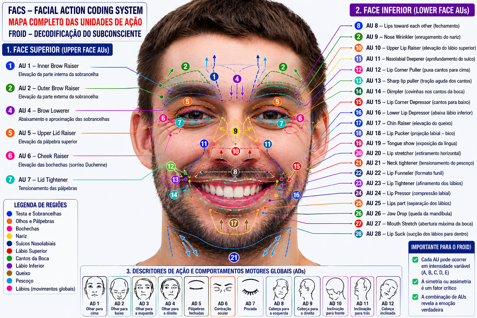 Mapa FACS de las Unidades de Acción faciales rastreadas por FROID.
